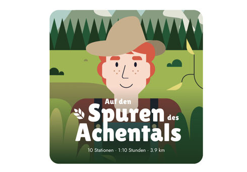 Illustration mit einem freundlichen Mann mit roten Haaren und Hut in einer grünen Landschaft. 