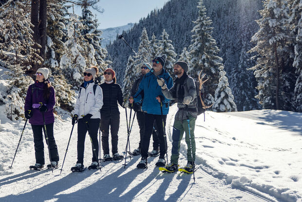 Snowshoeing in the Nature Park Karwendel A group enjoys a beautiful winter's day while exploring the region on a guided snowshoe tour.