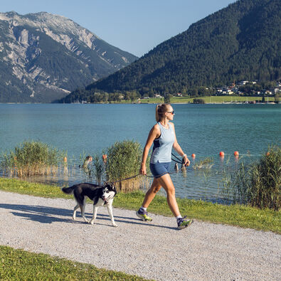 A woman walks alongside lake Achensee on a sunny day, accompanied by a black and white dog. The surrounding landscape features mountains and greenery, creating a peaceful outdoor scene. The path is gravel, bordered by grassy areas and gentle water.