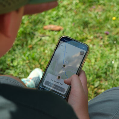 Eine Familie erkundet spielerisch mit dem Handy die wundersame Welt der Fauna und Flora des Naturparks Karwendel auf dem „Achensee Natur Erlebnispfad“.