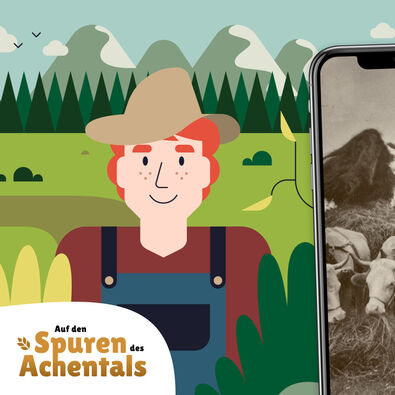 Eine Illustration zeigt einen freundlich lächelnden Landwirt mit rotem Haar und einem Hut, der vor einer grünen Landschaft mit Bergen und Bäumen steht. Neben ihm befinden sich zwei Smartphones: eines zeigt ein historisches Bild von Landarbeit, das andere eine digitale Karte mit Wegpunkten zu Sehenswürdigkeiten.