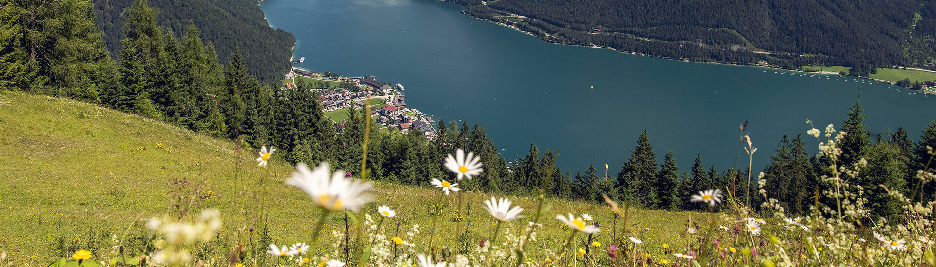 Der Blick gleitet vom Zwölferkopf auf den Achensee bis hinauf zum Rofangebirge.}