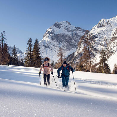 Explore the wintry scenery of the Falzturnthal in the Nature Park Karwendel on snowshoes.