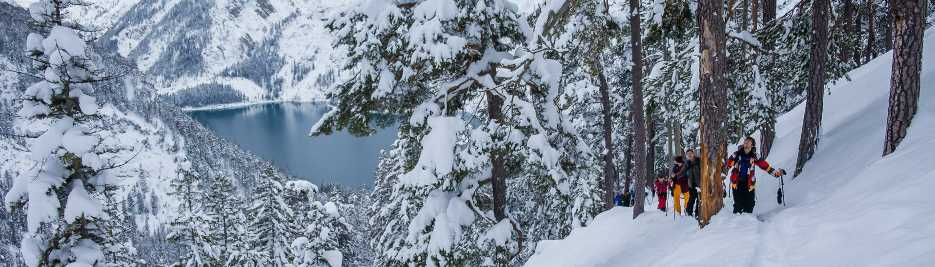 Teilnehmer des Splitboard Festivals unterwegs im Gelände mit Blick auf den Achensee.}