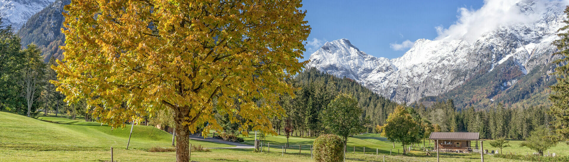 Die Landschaft im Naturpark Karwendel im wunderschönen Herbstkleid. Im Hintergrund das mit Schnee bedeckte Sonnjoch.}