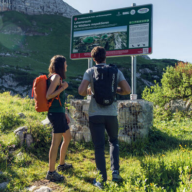 Ein Pärchen erkundet den Naturlehrpfad Rofan und informiert sich über das richtige Verhalten in der Natur. 