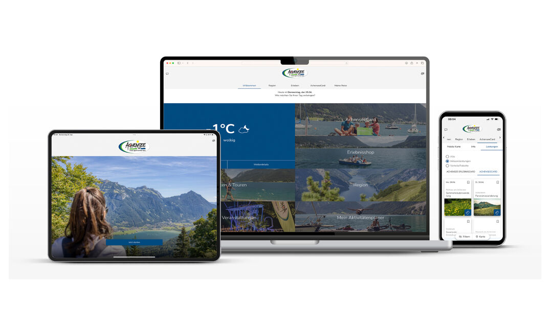 Verschiedene Endgeräte, auf denen myAchensee, die Urlaubsapp zu sehen ist