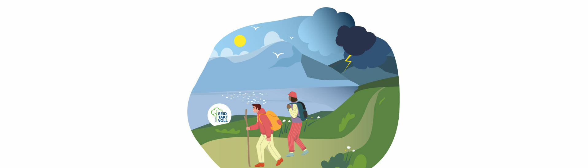 Graphik Tourenplanung Die Grafik Taktvoll am Achensee zeigt zwei Wanderer bei einer Tour während eines Gewitters. Wir möchten an dieser Stelle auf die richtige Tourenplanung hinweisen.}